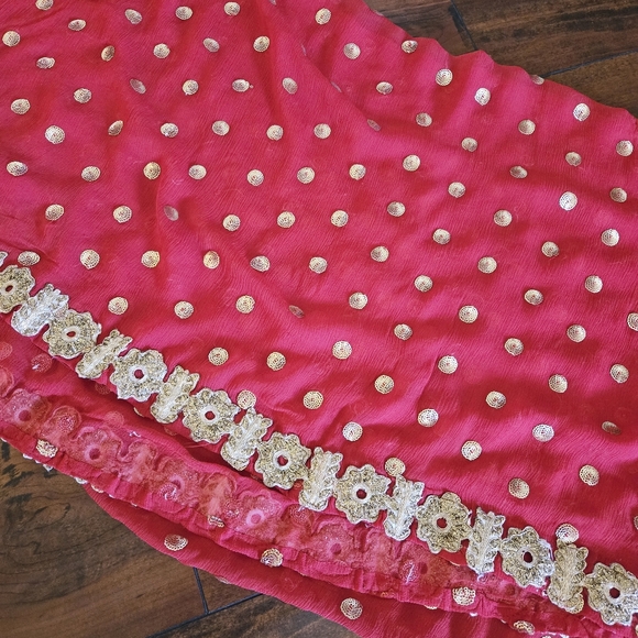 Embroidered Salwar Kameez Dupatta Long Scarf Red Gold Chiffon Party Wear Dress - Picture 16 of 16